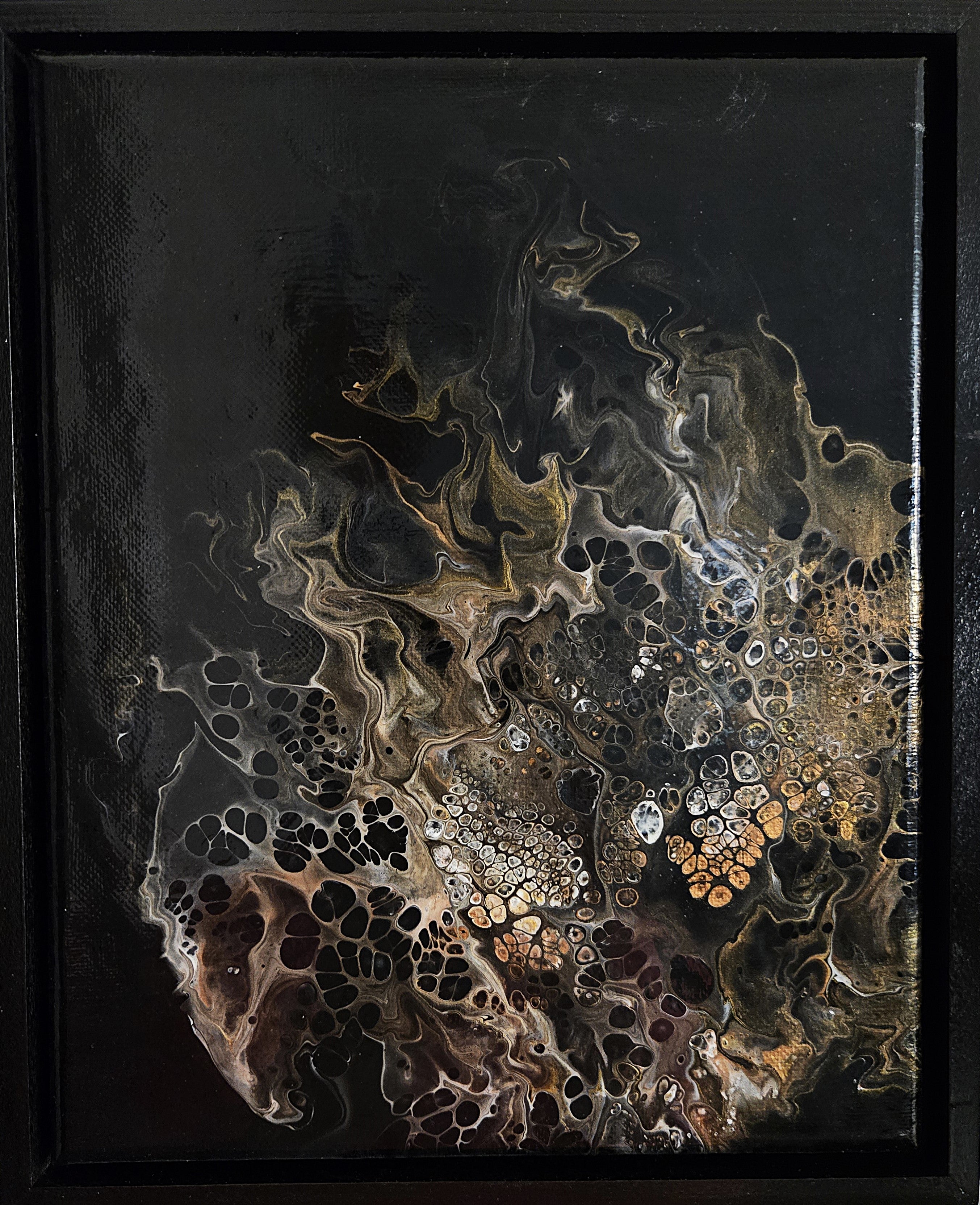 Modern Contemporary Art Abstract Canvas Painting Metallic Fluid Design Gold Bronze Black Background Marbled Texture Luxury Wall Art Statement Piece Sophisticated Interior Styling Living Room Bedroom Office Gallery Quality Premium Glossy