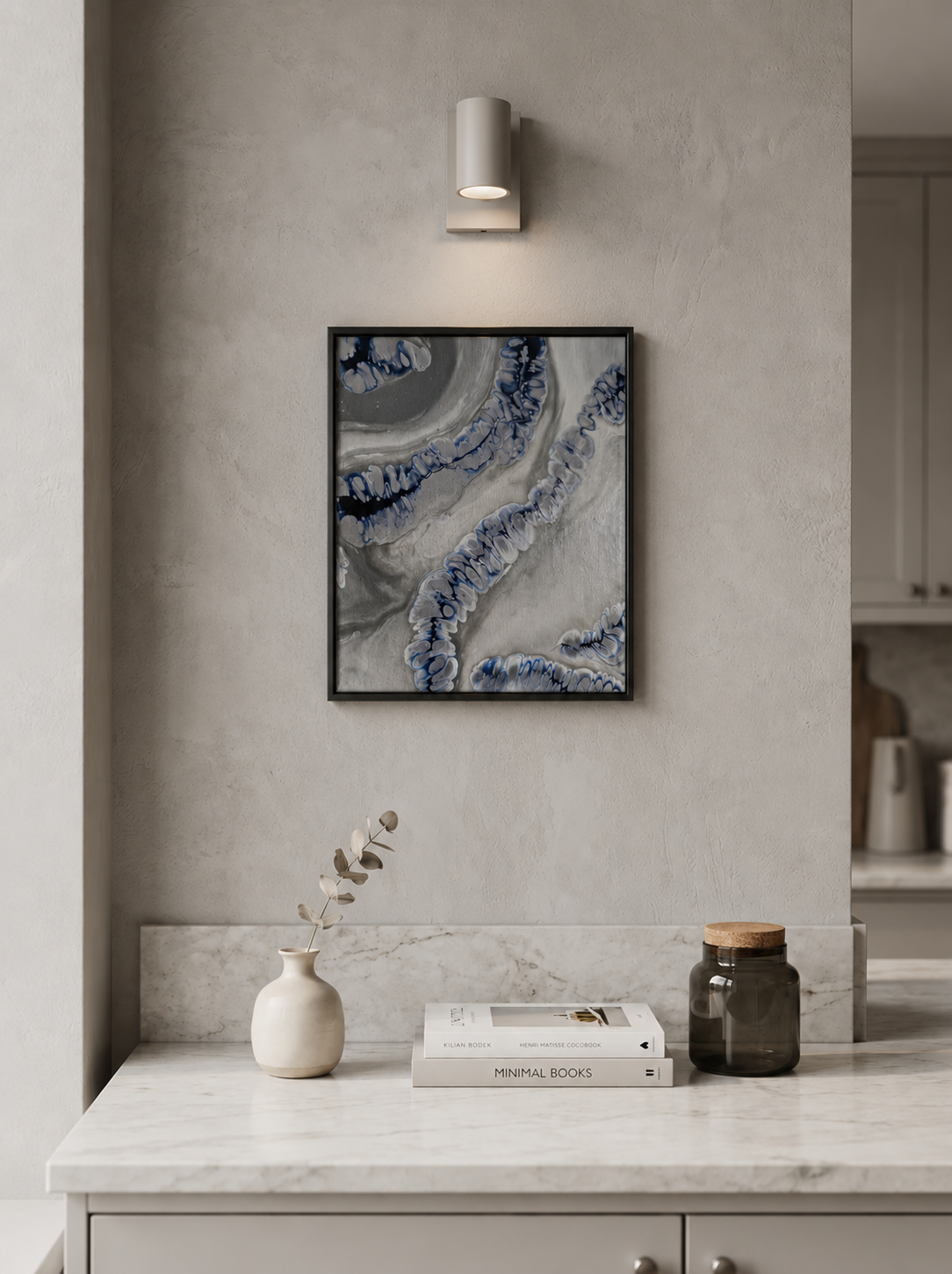 Abstract Blue Gray Painting Contemporary Wall Art Original Canvas Textured Depth Details Moody Atmospheric Design Modern Home Style Neutral Tone Palette Living Room Bedroom Office Space Interior Design Statement Piece Gallery Quality