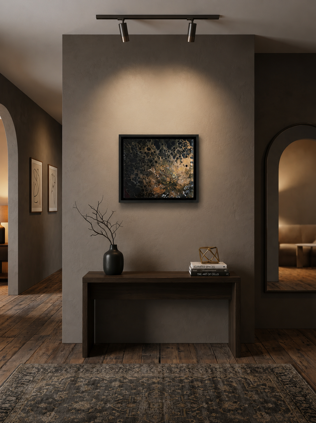 Abstract Canvas Art Fluid Painting Design Metallic Gold Bronze Accents Black Background Marbled Texture Contemporary Wall Art Modern Home Styling Luxury Interior Statement Piece Glossy Finish Light Catching Surface Sophisticated Living Room