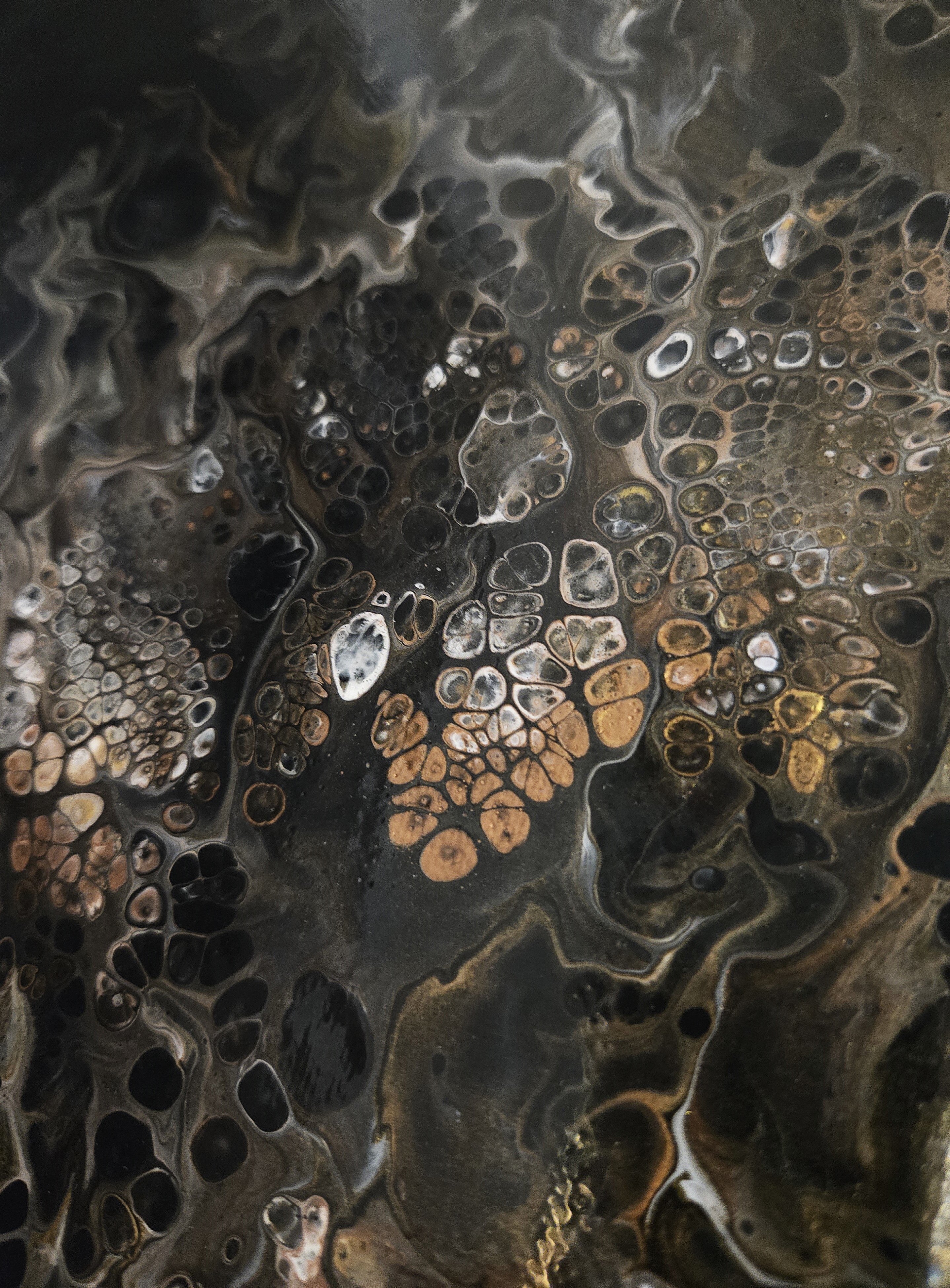 Fluid Painting Design Metallic Abstract Art Gold Bronze White Swirling Cells Black Canvas Background Marbled Texture Pattern Modern Wall Art Luxury Home Styling Contemporary Interior Statement Piece Glossy Surface Finish Sophisticated